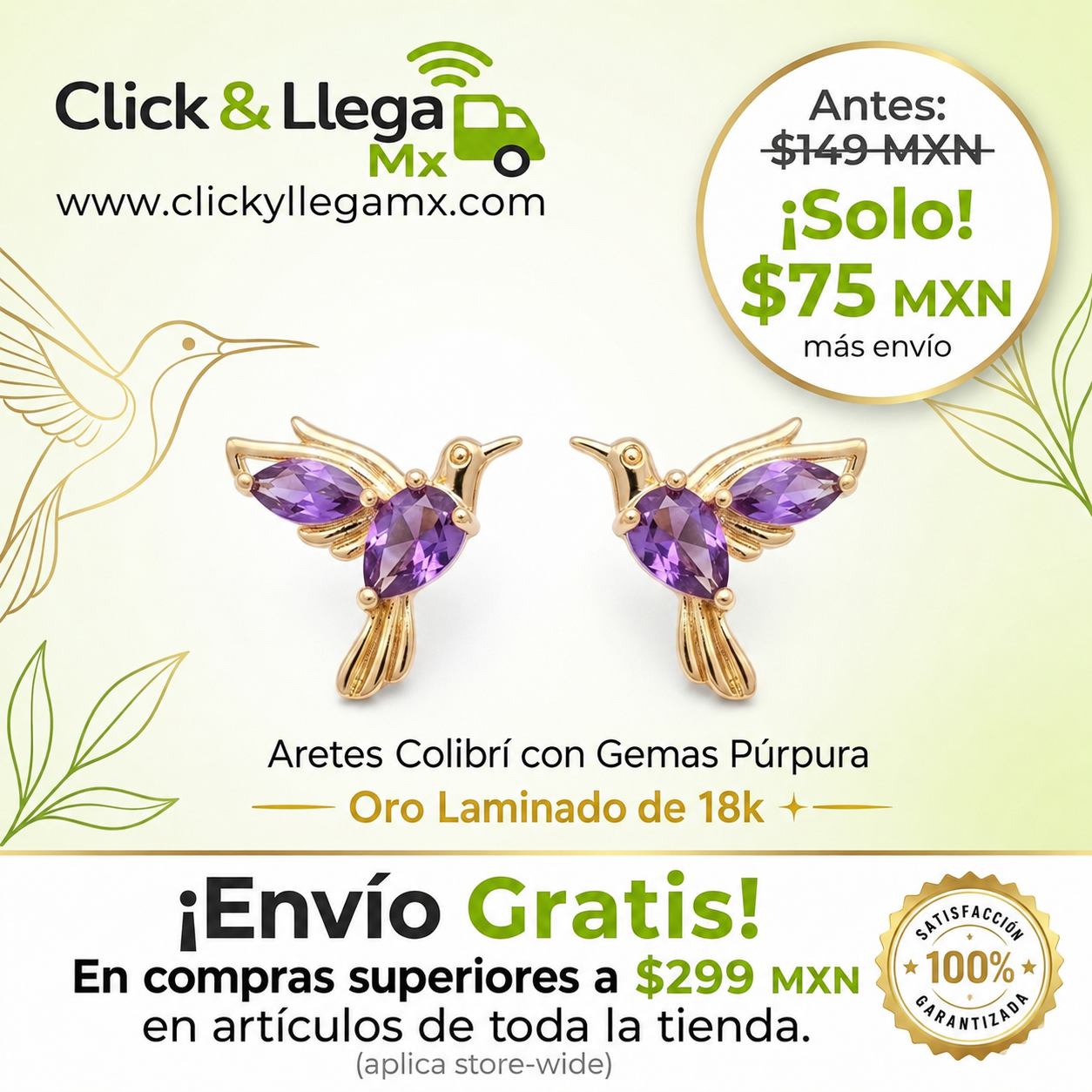 Aretes Colibrí con Gemas Púrpura - Oro Laminado de 18k