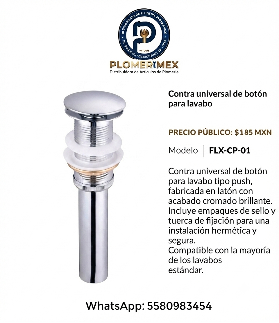 Contra Universal Para Lavabo Tipo Push - Cromo Brillante Sin Rebosadero