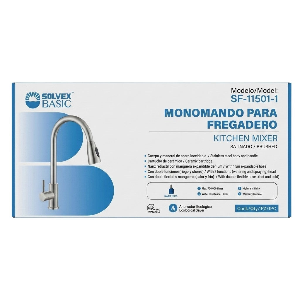 Grifo Monomando para Fregadero / Tarja con Manguera Retráctil (Acero Inoxidable)