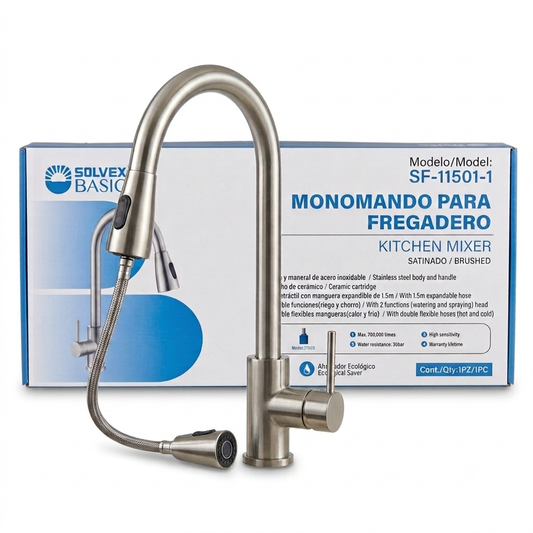 Grifo Monomando para Fregadero / Tarja con Manguera Retráctil (Acero Inoxidable)