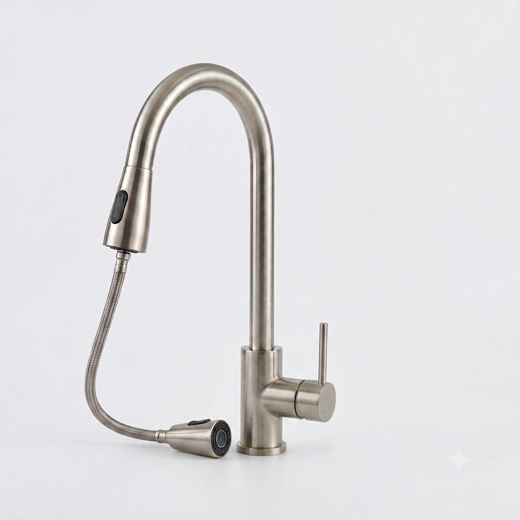 Grifo Monomando para Fregadero / Tarja con Manguera Retráctil (Acero Inoxidable)