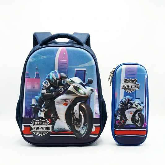 Acelera hacia el éxito escolar con este increíble set de mochila y cartuchera de motociclista