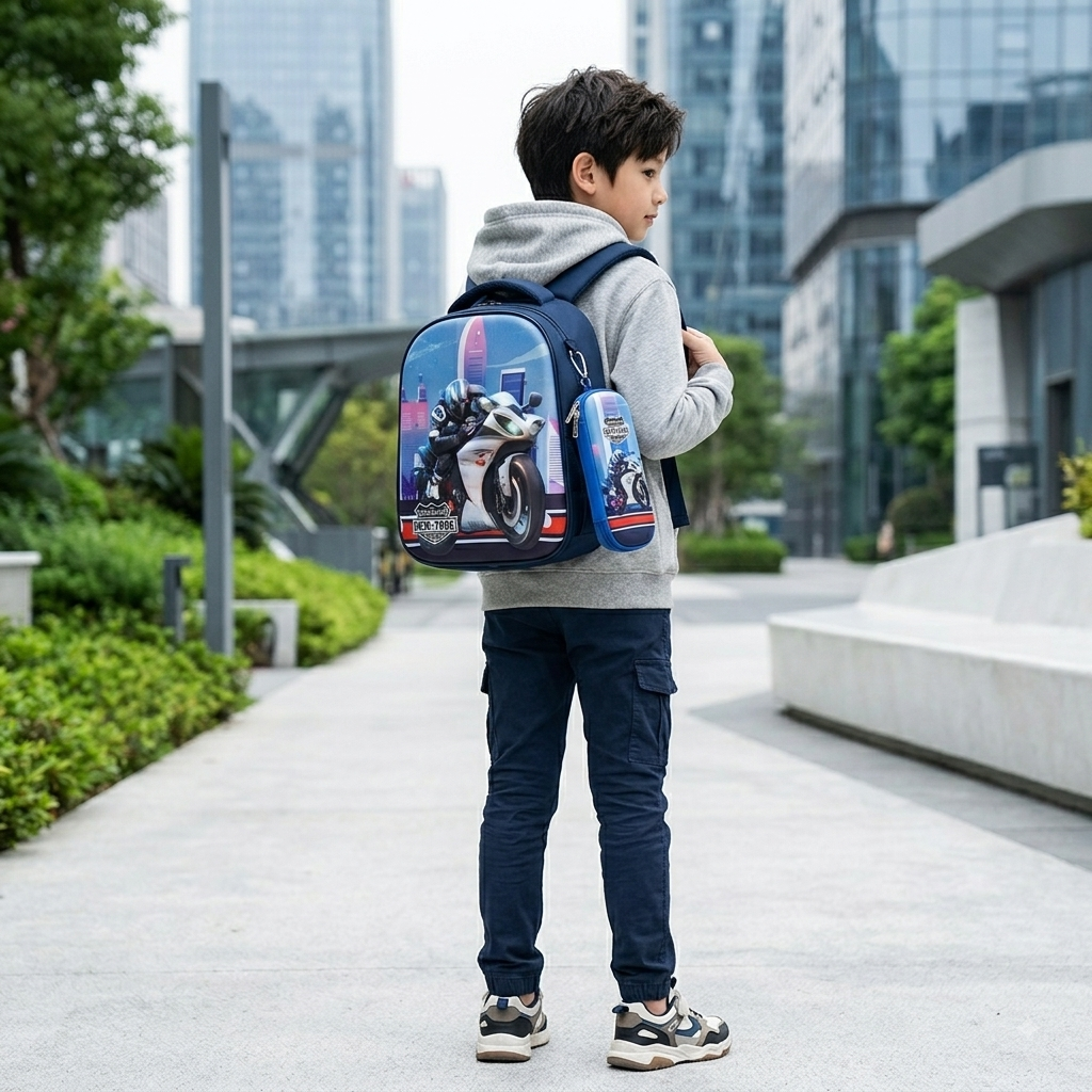 Acelera hacia el éxito escolar con este increíble set de mochila y cartuchera de motociclista