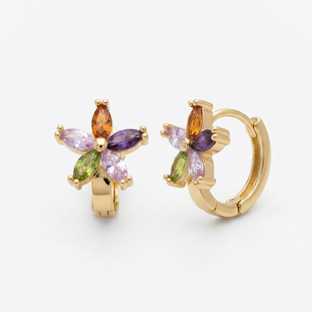 Arracadas Huggie de Flor Multicolor - Oro Laminado 18K