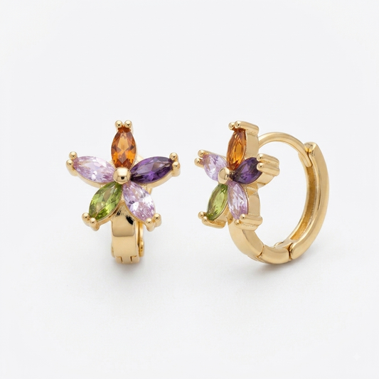 Arracadas Huggie de Flor Multicolor - Oro Laminado 18K