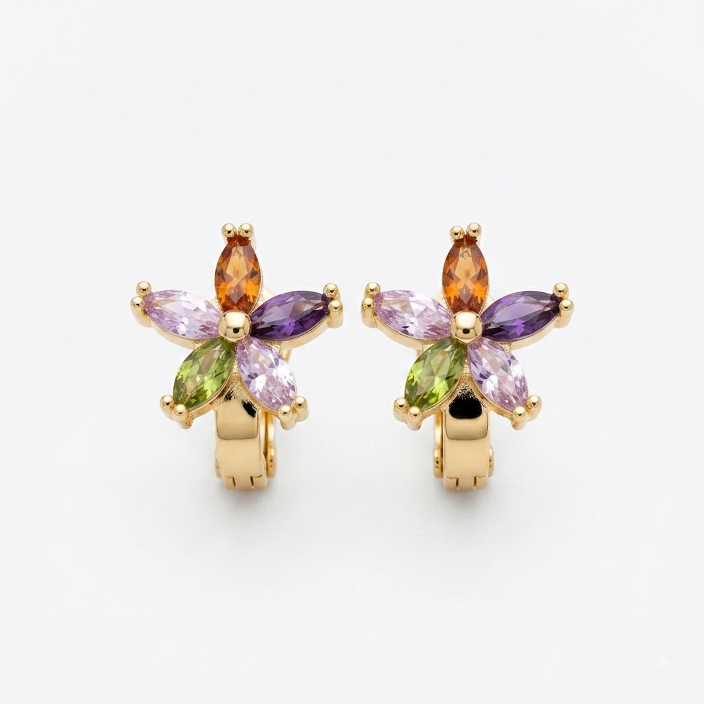 Arracadas Huggie de Flor Multicolor - Oro Laminado 18K