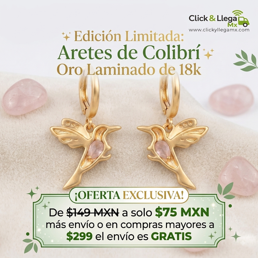 Aretes de Colibrí con Piedra Rosa - Oro Laminado 18K