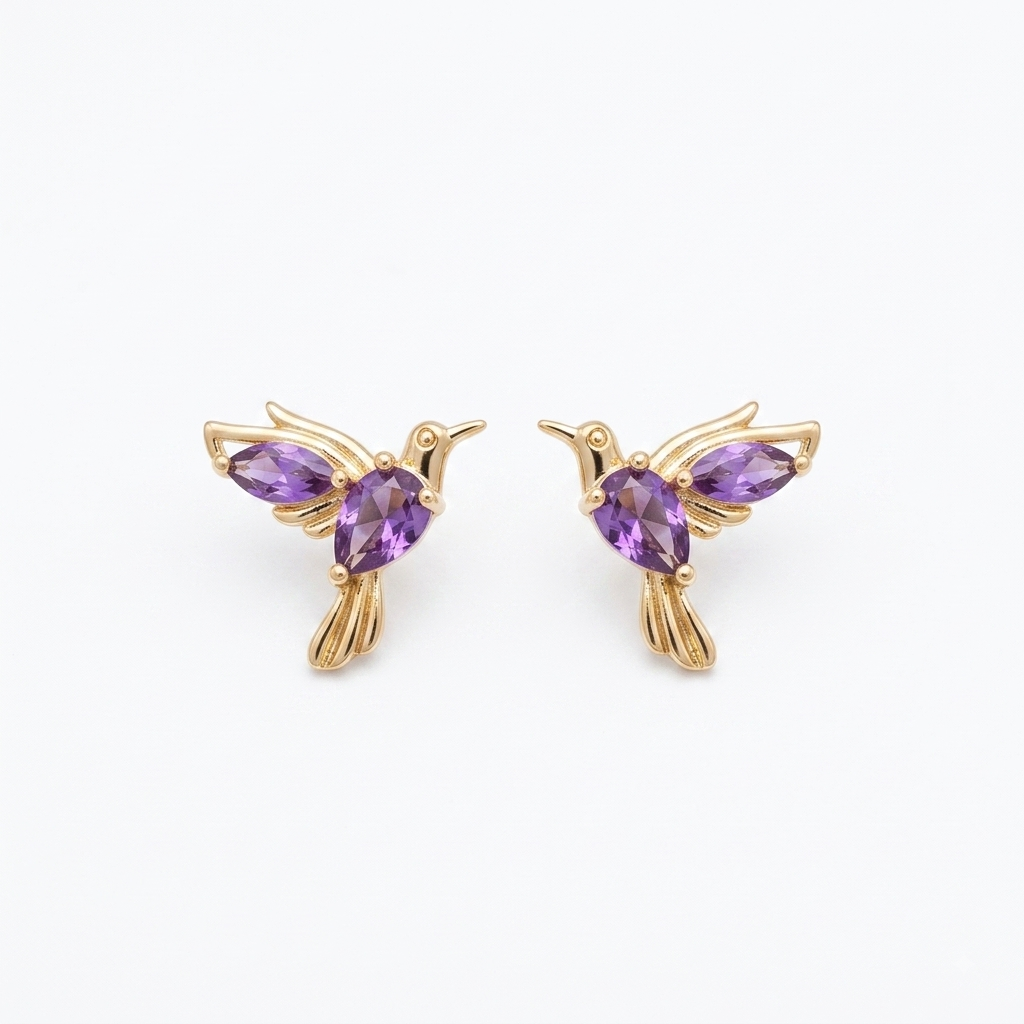 Aretes Colibrí con Gemas Púrpura - Oro Laminado de 18k