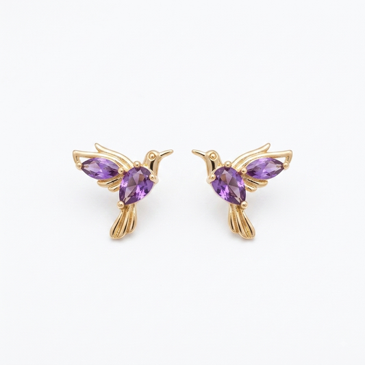Aretes Colibrí con Gemas Púrpura - Oro Laminado de 18k