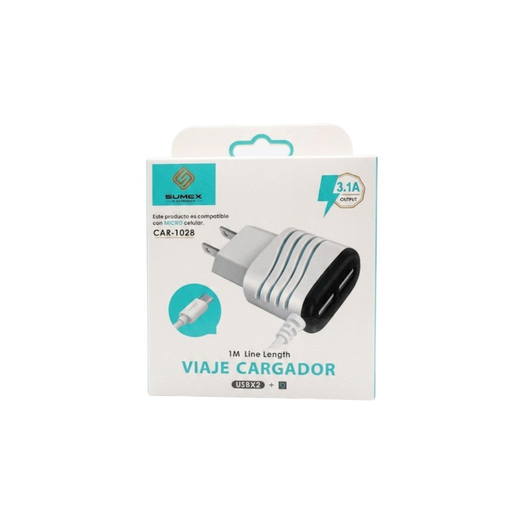 Cargador de Pared de Viaje Rápido 3.1A con Cable Micro USB Integrado + 2 Puertos USB Sumex CAR-1028