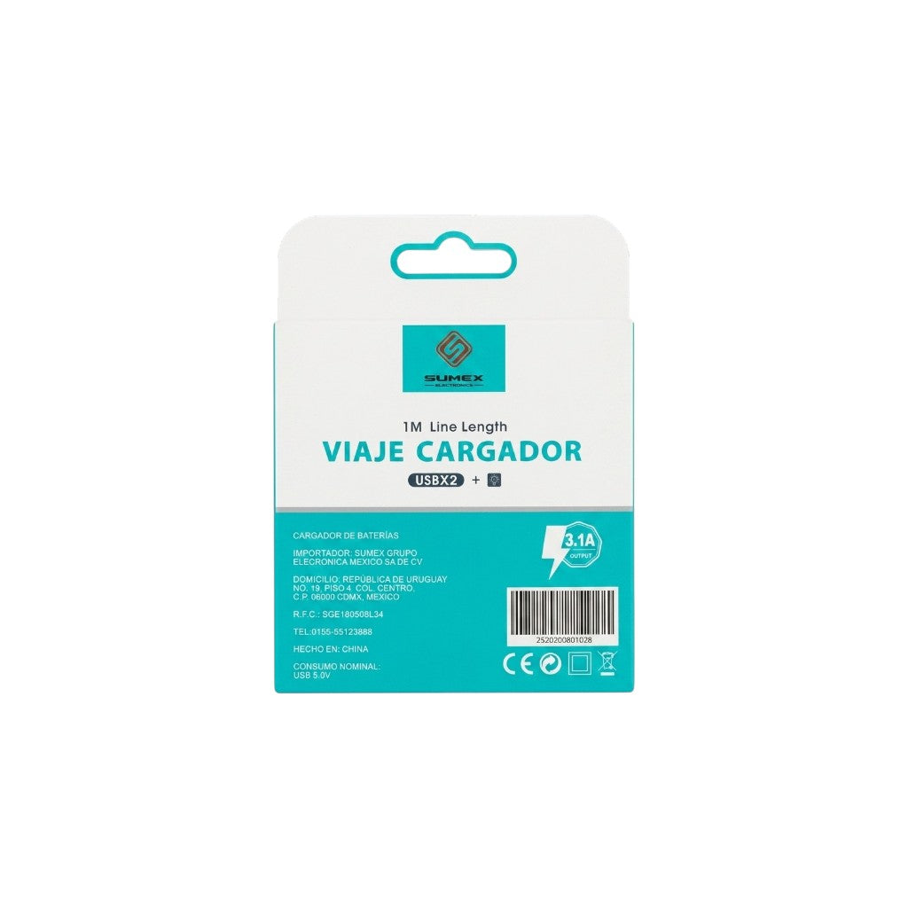Cargador de Pared de Viaje Rápido 3.1A con Cable Micro USB Integrado + 2 Puertos USB Sumex CAR-1028