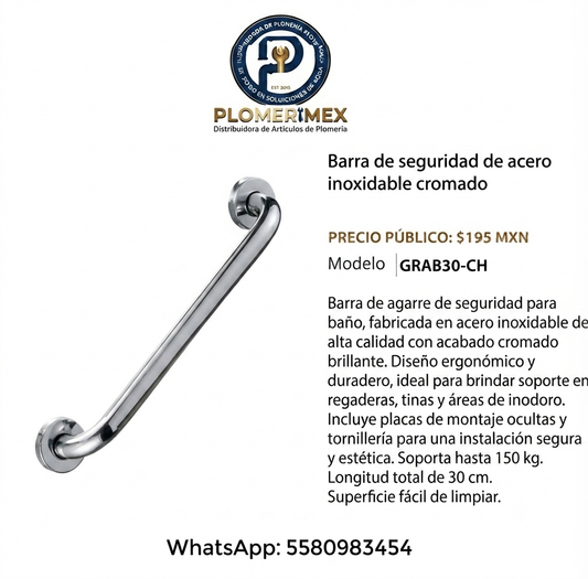 Barra de Seguridad para Baño Acero Inoxidable (30 cm) - Soporta 150 kg