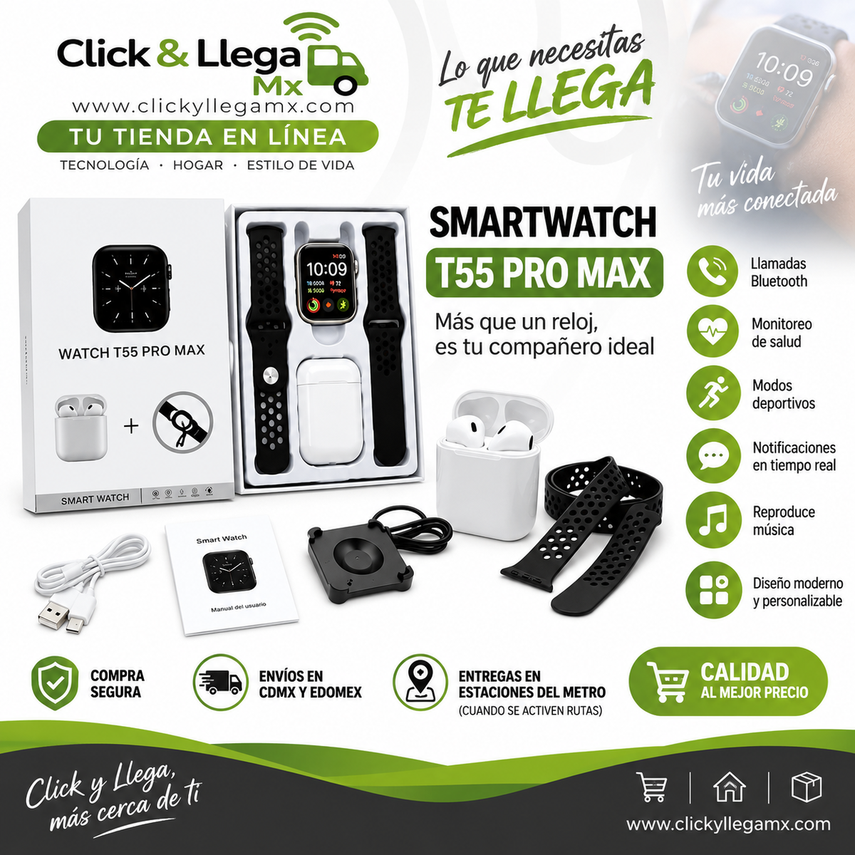 Smartwatch T55 Pro Max + Audífonos Bluetooth
