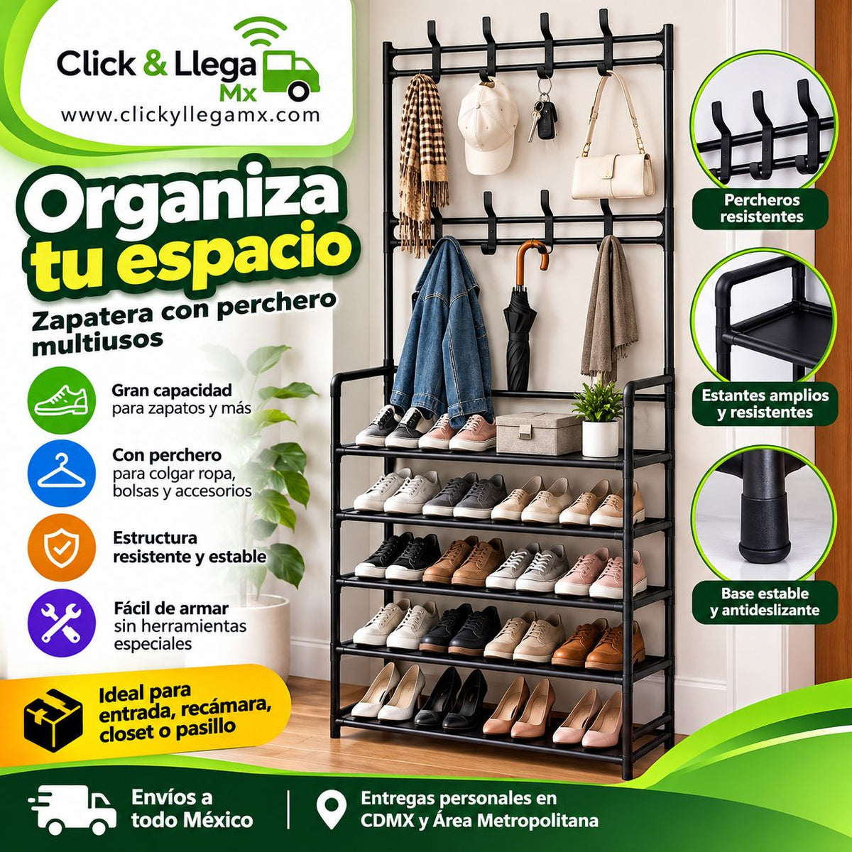 Zapatera con Perchero Multifuncional – Organizador de Zapatos y Ropa