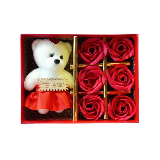 Caja de Regalo con Rosas y Osito de Peluche "Te Amo"