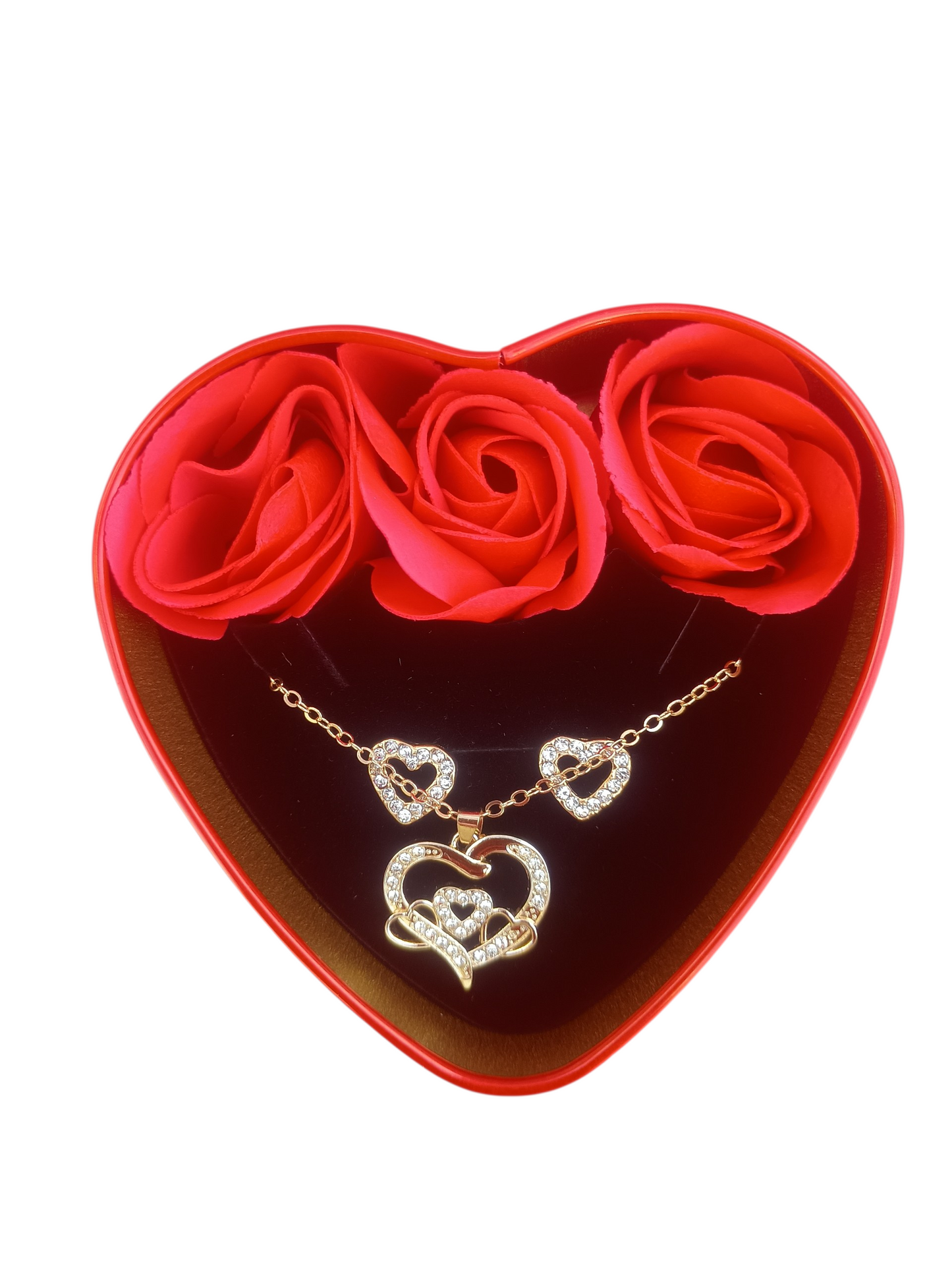 Set de Joyería de Bisutería Fina (Collar + Aretes) con Rosas en Caja de Corazón "Te Amo"