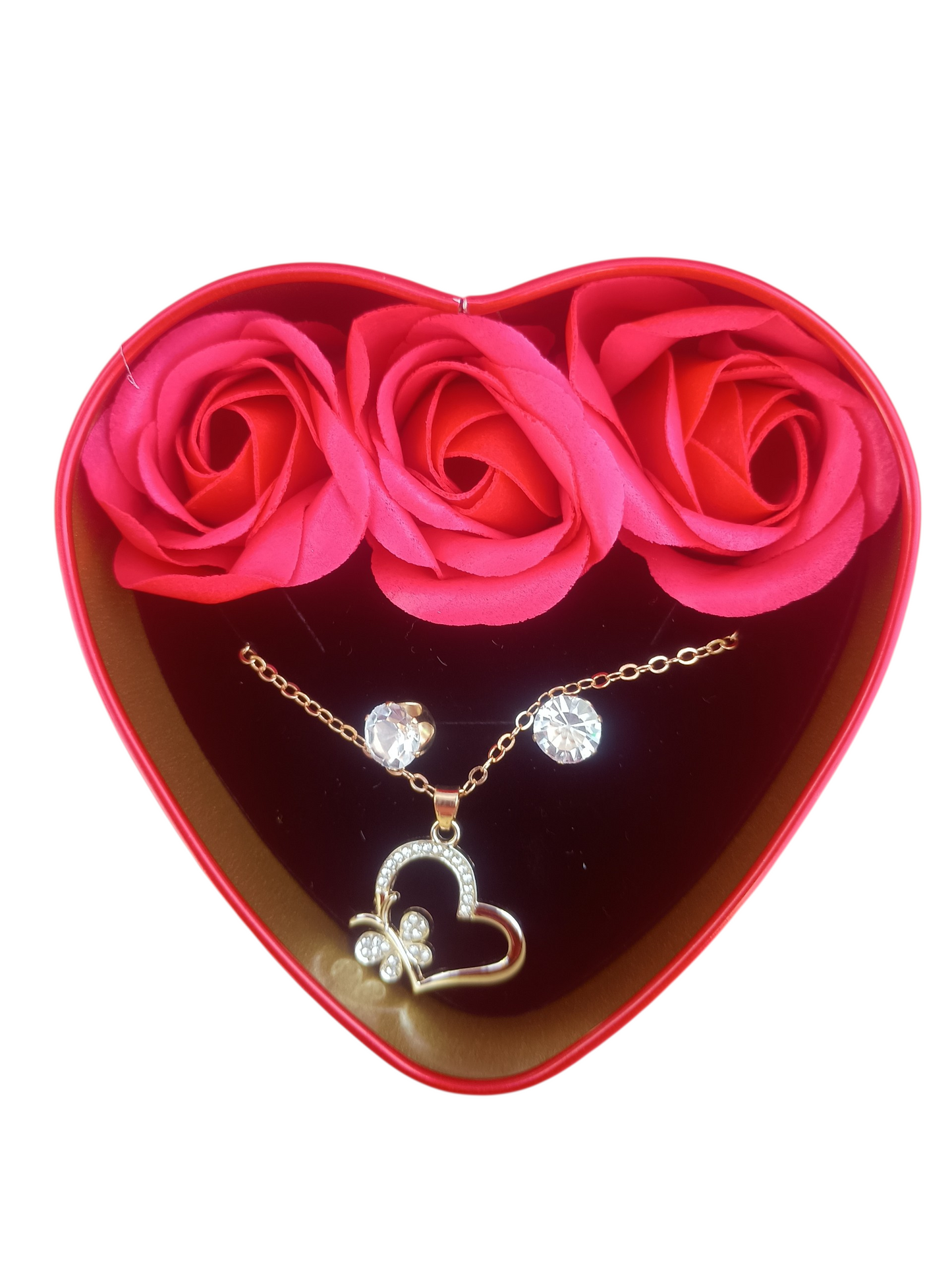 Set de Joyería de Bisutería Fina (Collar + Aretes) con Rosas en Caja de Corazón "Te Amo"