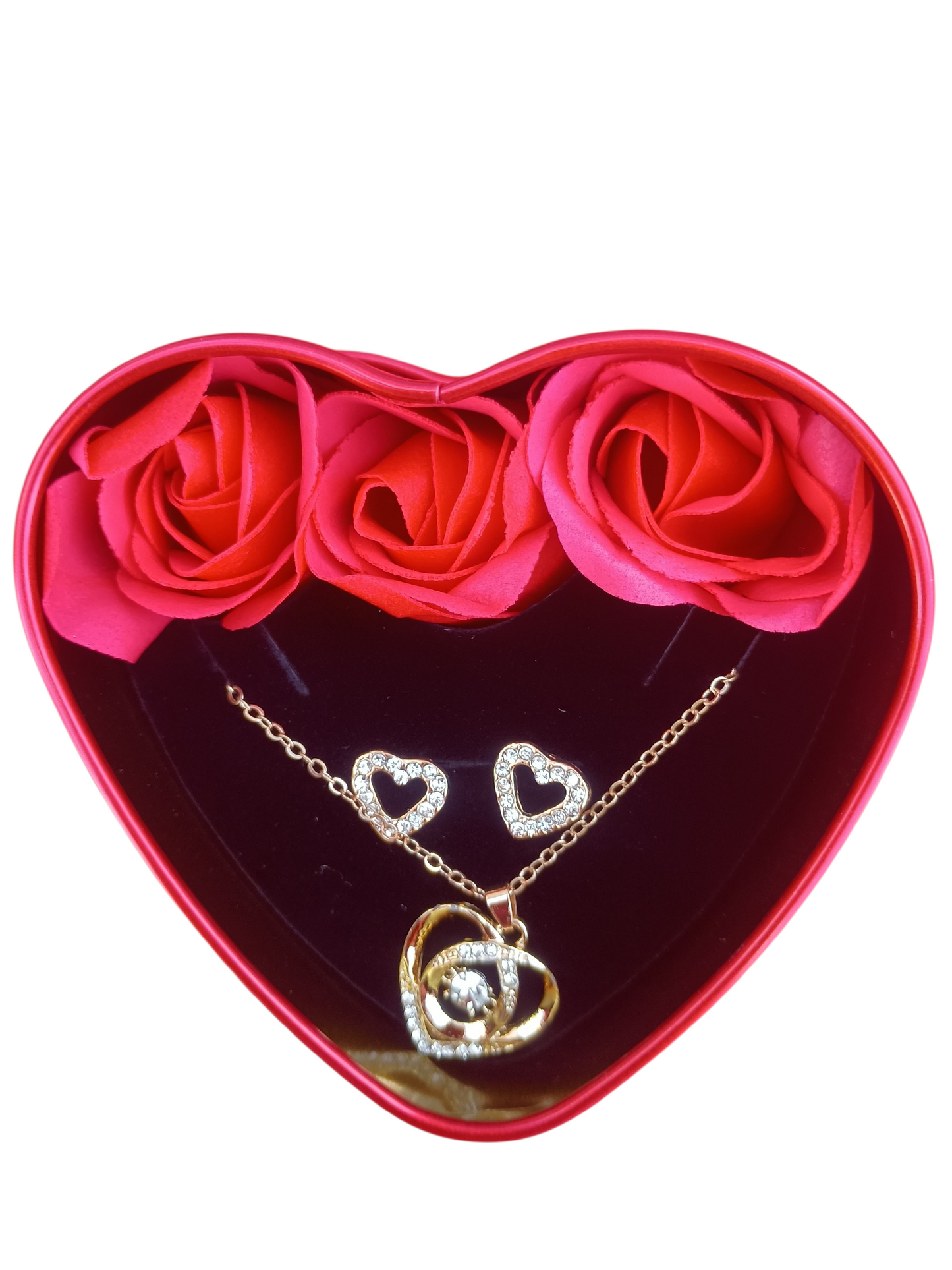 Set de Joyería de Bisutería Fina (Collar + Aretes) con Rosas en Caja de Corazón "Te Amo"