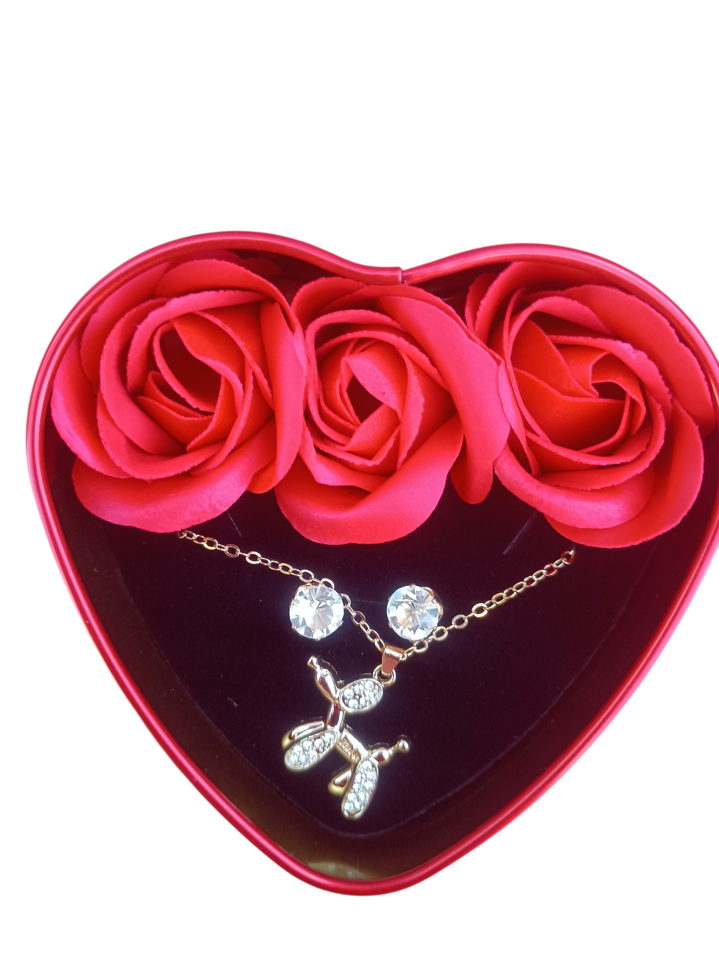 Set de Joyería de Bisutería Fina (Collar + Aretes) con Rosas en Caja de Corazón "Te Amo"