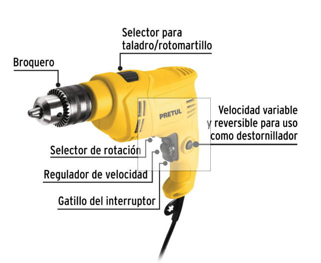 Rotomartillo / Taladro Profesional 1/2" Pretul con Velocidad Variable y Reversible