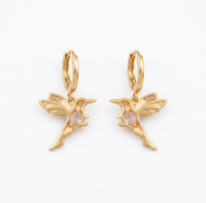 Aretes de Colibrí con Piedra Rosa - Oro Laminado 18K