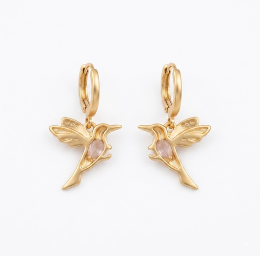 Aretes de Colibrí con Piedra Rosa - Oro Laminado 18K
