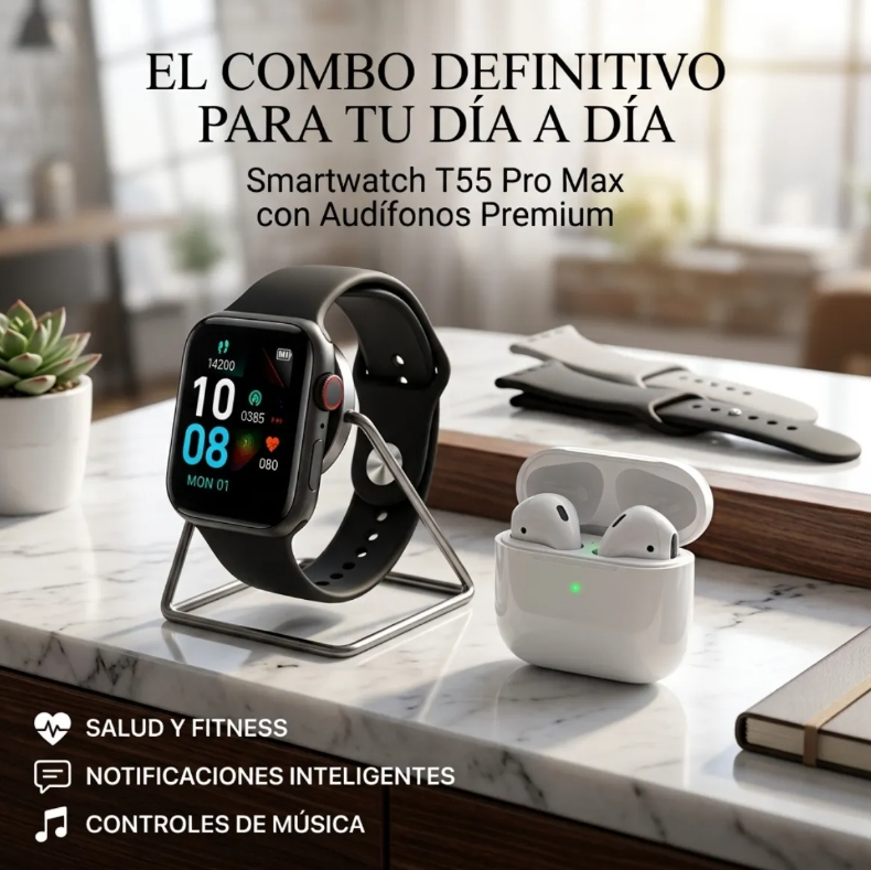 Smartwatch T55 Pro Max + Audífonos Bluetooth