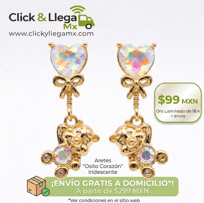 Aretes "Osito Corazón" Iridescente - Oro Laminado 18k