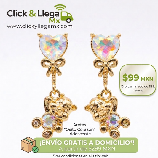 Aretes "Osito Corazón" Iridescente - Oro Laminado 18k