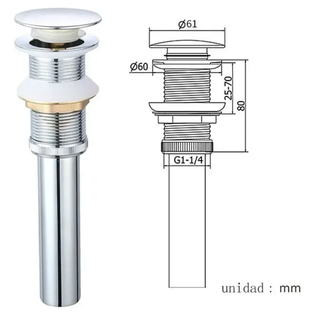 Contra Universal Para Lavabo Tipo Push - Cromo Brillante Sin Rebosadero