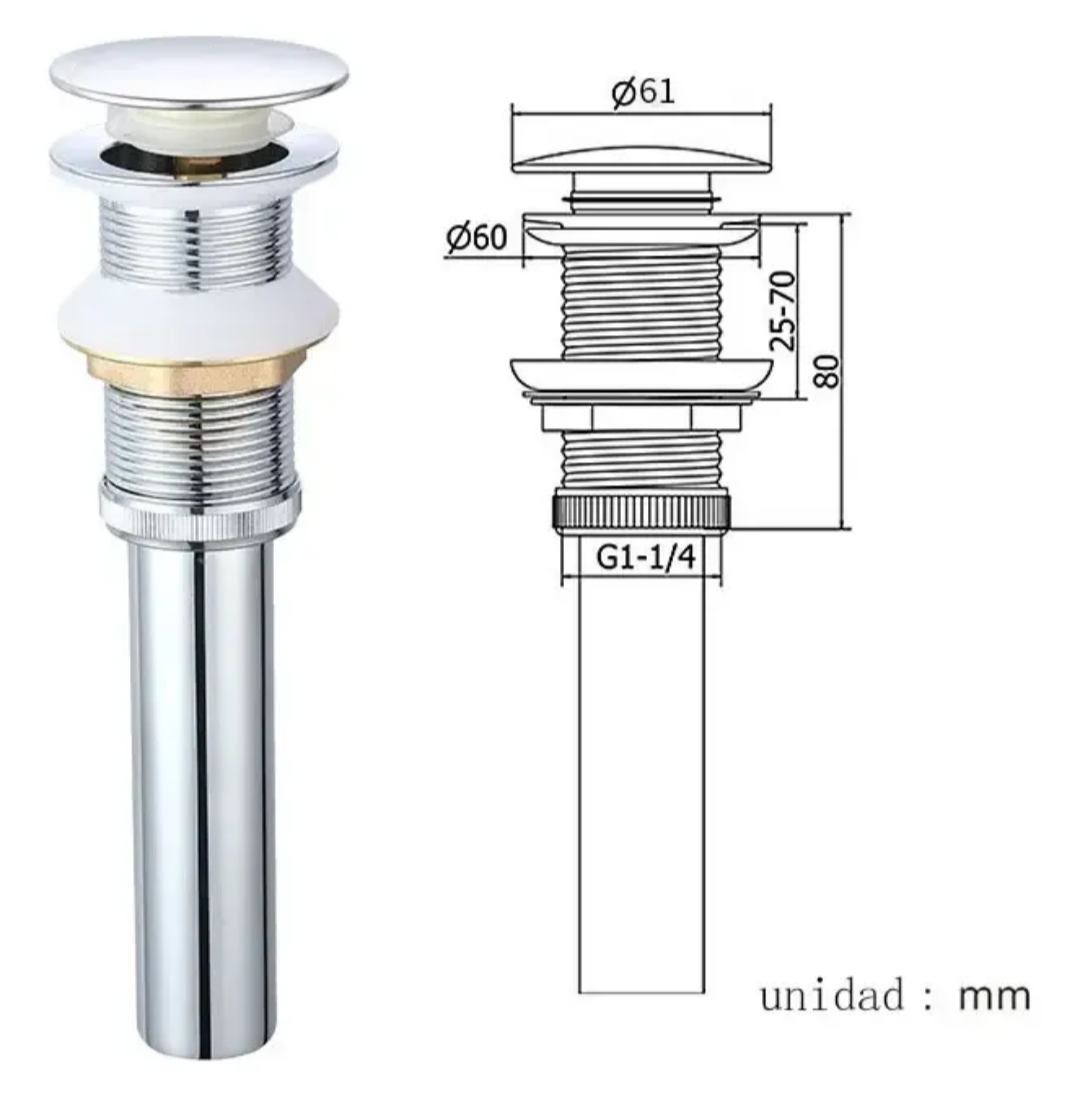 Contra Universal Para Lavabo Tipo Push - Cromo Brillante Sin Rebosadero
