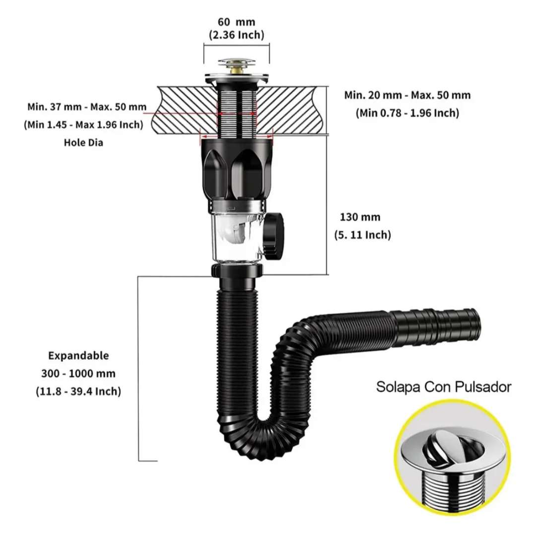 Contra para Lavabo con Tapon de Moneda y Céspol Flexible - Sifón – ¡Nueva!