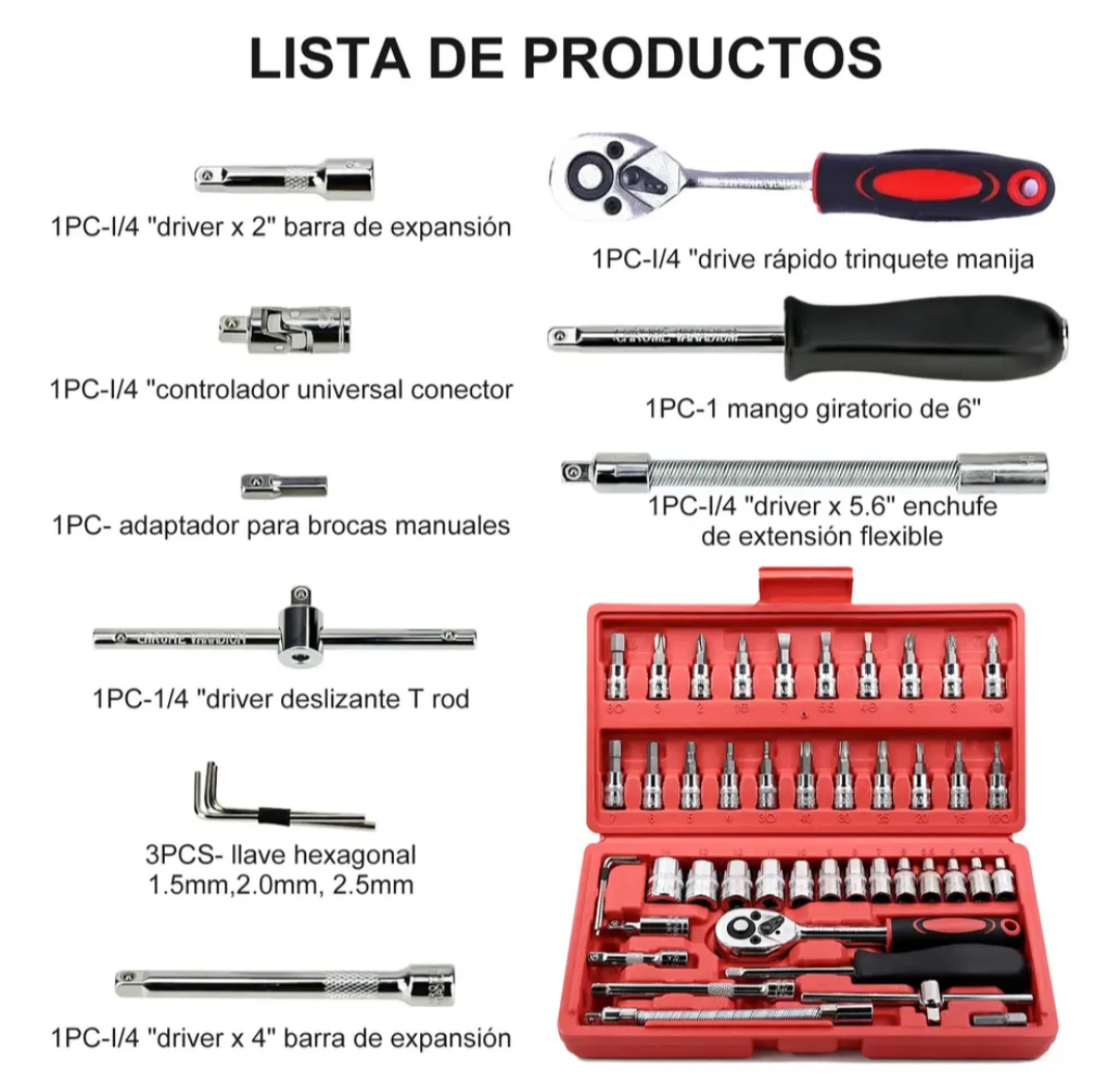 Set de Herramientas y Dados Multiusos de 40+ Piezas en Estuche Rojo