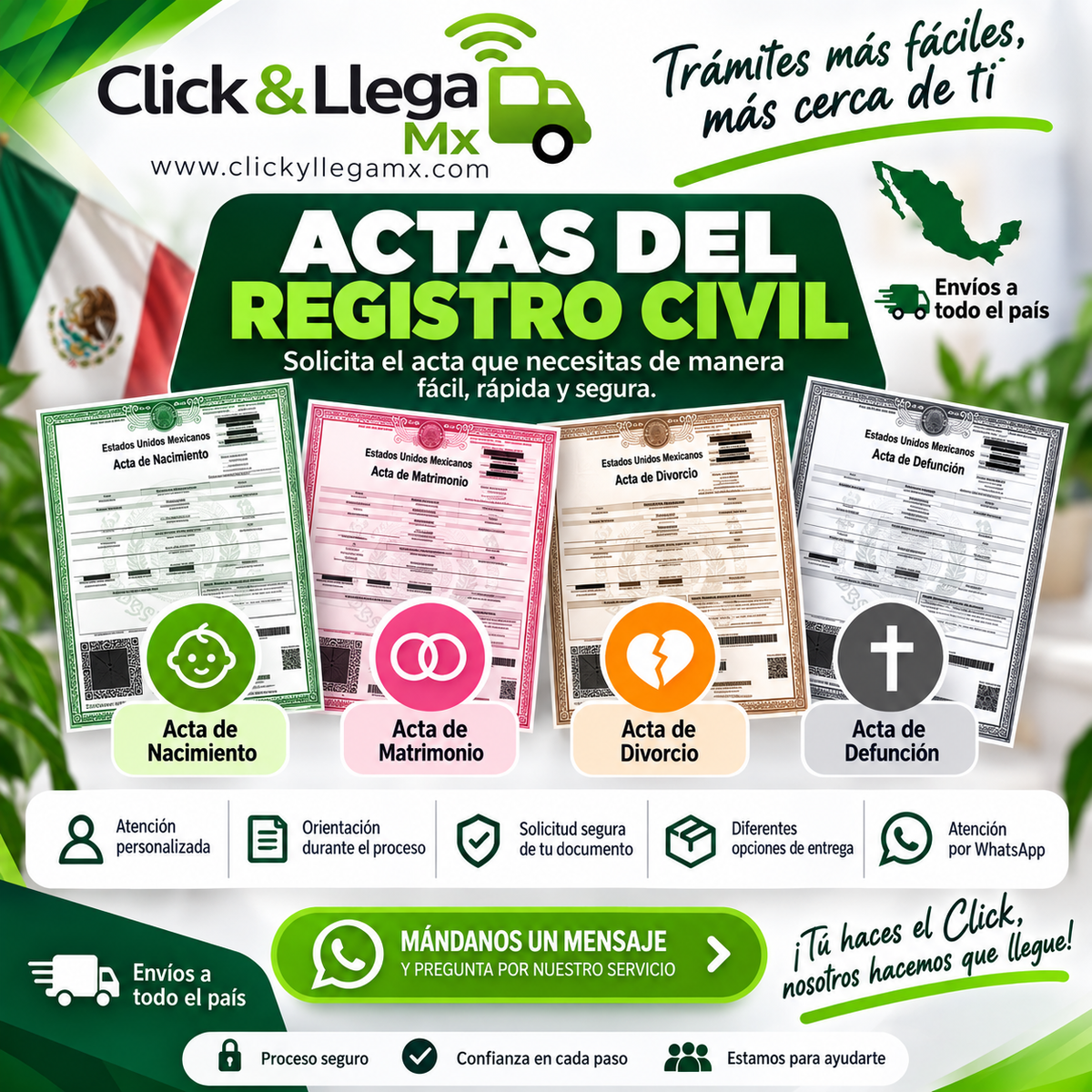 Actas de Nacimiento, Matrimonio, Divorcio, Defunción Originales, Verificables