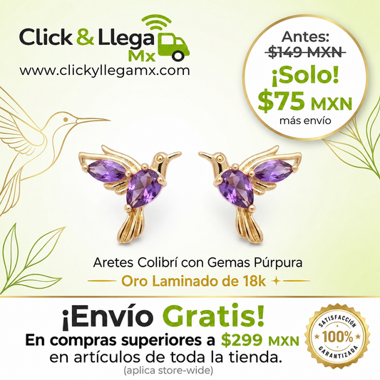 Aretes Colibrí con Gemas Púrpura - Oro Laminado de 18k